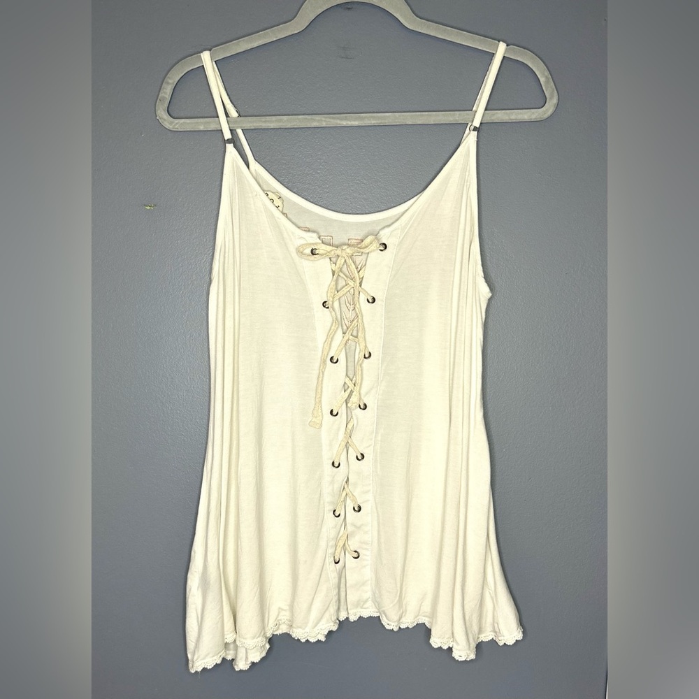 POL Tank Top Womens Large Ivory Embroidered Lace Up Open Back Babydoll Feminine - Picture 10 of 11